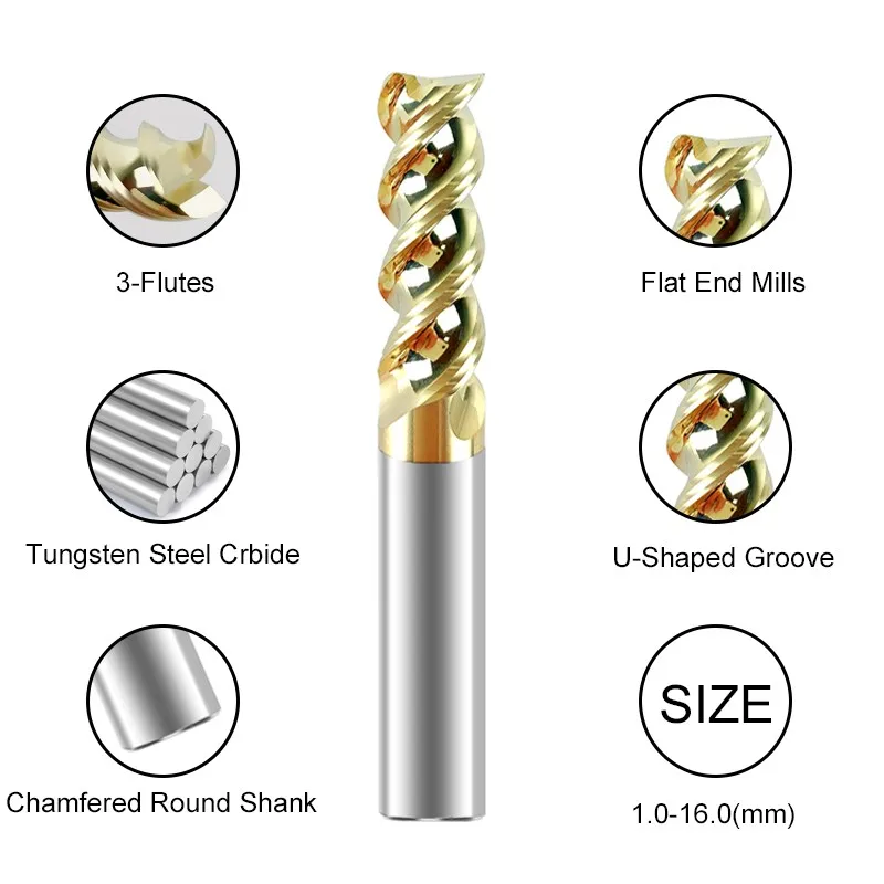 AZZKOR For CNC U-Shaped Groove Endmills Tools HRC65 3-Flute High Gloss Aluminum Milling Cutter Tungsten Steel Crbide End Mill