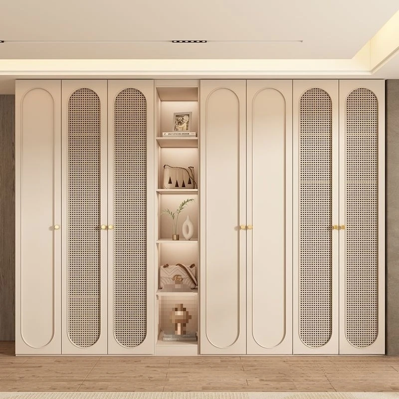 Cream style wardrobe, bedroom, home, one door to the top, solid wood wicker door, modern and simple