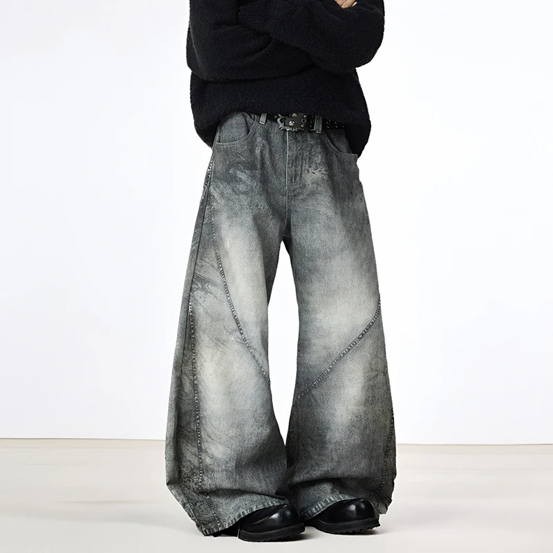 American Style Men's Jeans 3D Printing Contrast Color Design Deconstruction Wide Leg Male Curved-knife Denim Pants view 2