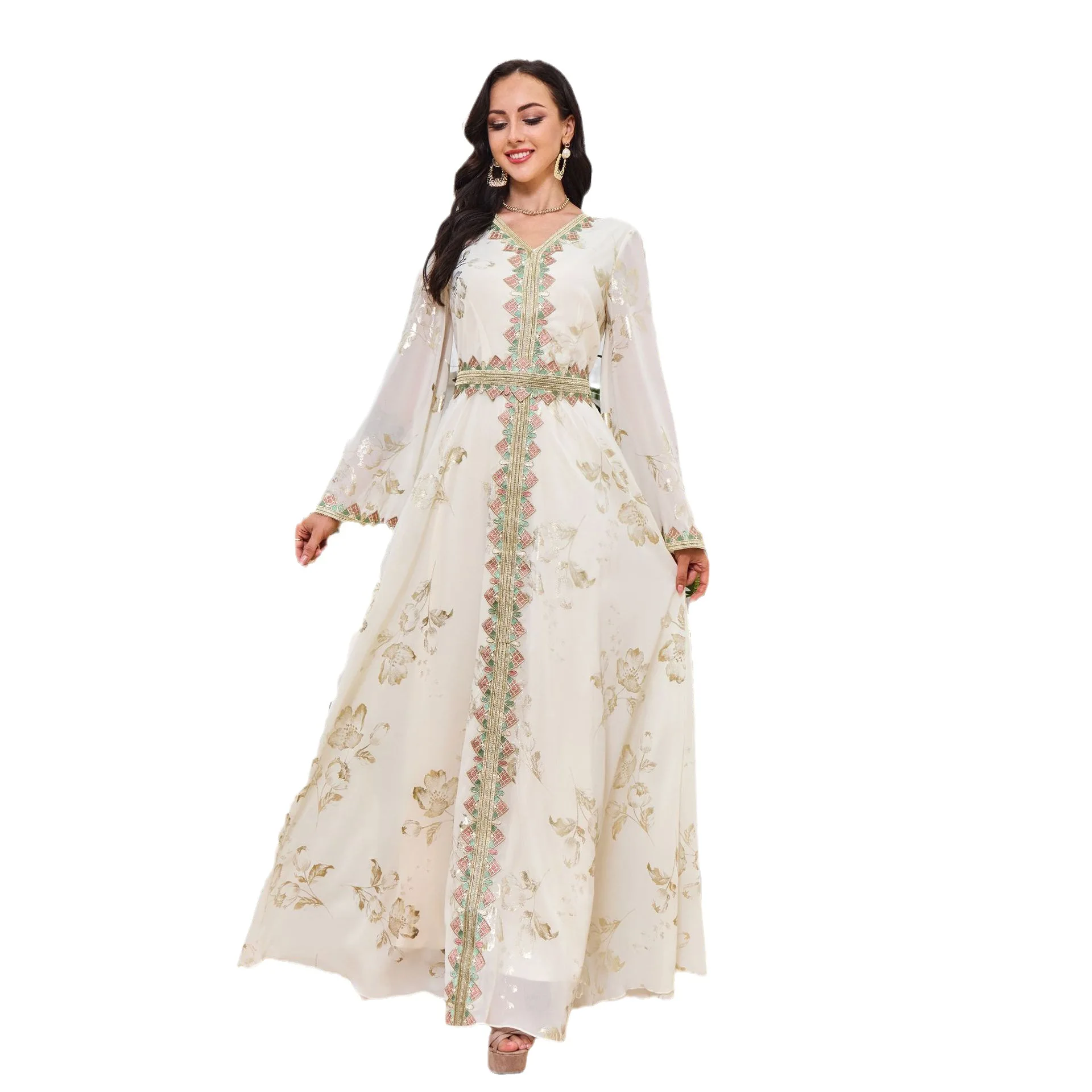 New MT037 Middle East Cross Muslim Robe Women's Faion White Dr with Gold Embroidery And Lace Trim Traditional Ethnic Cos...