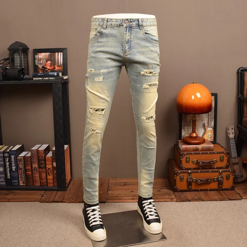 

Summer Y2K Designer Fashion Men Jeans Retro Washed Blue Stretch Slim Fit Patched Ripped Jeans Men Vintage Casual Denim Pants