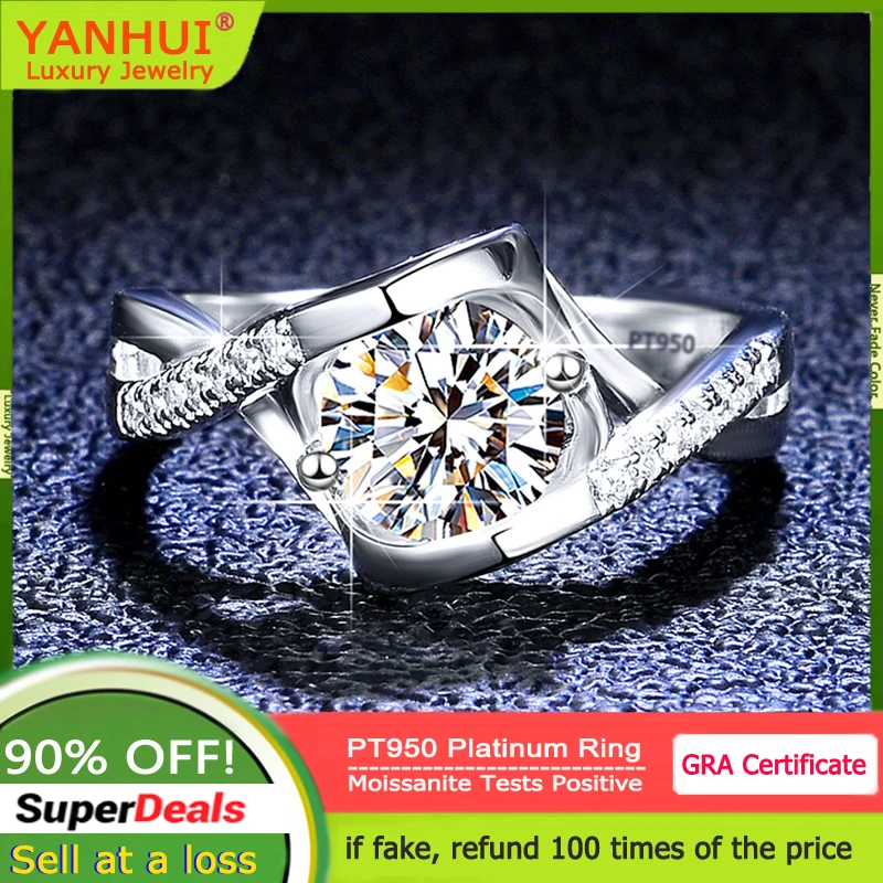 YANHUI 100% Real 0.5/1ct Carat Moissanite Ring for Women Solid PT950 Platinum Rings Luxury Moissanite Diamond Wedding Band