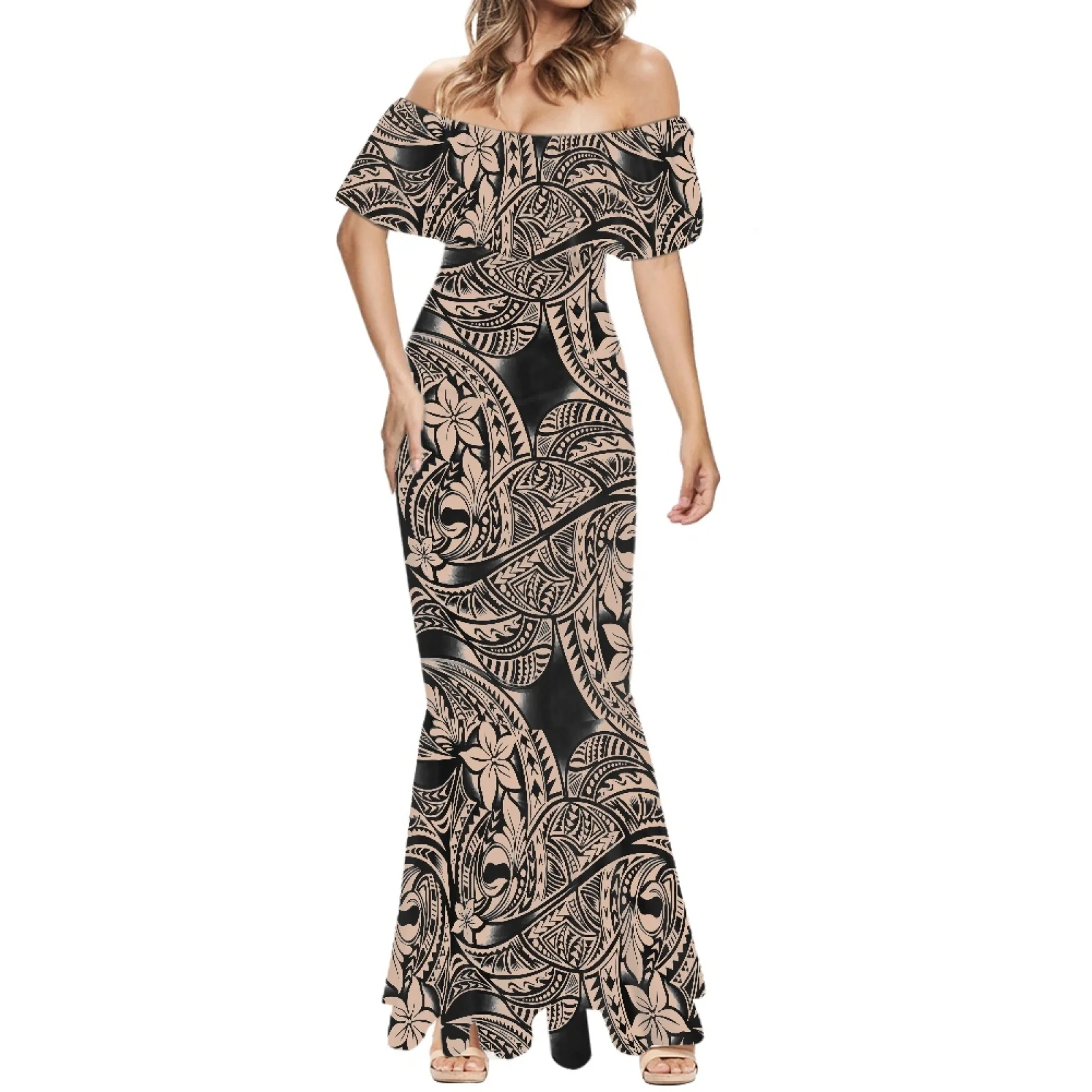 Polynesian Tribal Pohnpei Totem Tattoo Prints Wedding Guest Off The Shoulder Short Sleeve Sexy Party Tropical Palm Leaf Dress