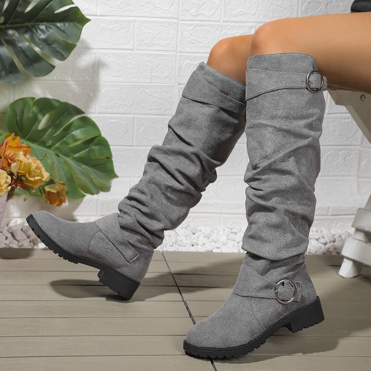 Women Stylish Mid-Calf Slouchy Boots Soft Comfortable Round Toe Design Easy Pull-On Closure Outdoor Casual Shoes Shoes for Women