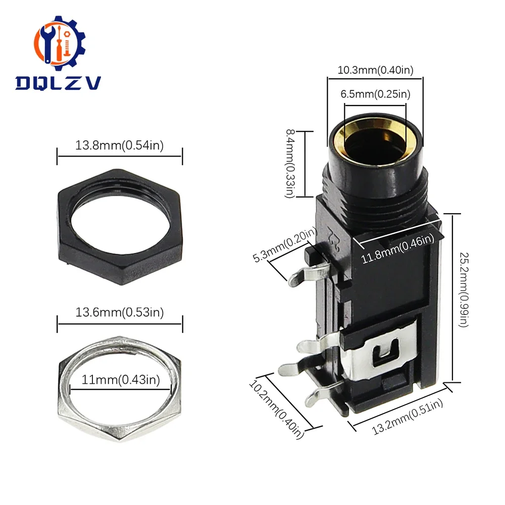 3Pin Audio Jack Speaker Connector 6.35 Mono Female Socket PCB Panel Mount Microphone Chassis Audio Adapter Nut