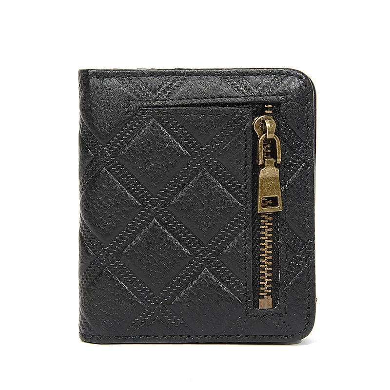 Genuine Leather Multi Card Holder Diamond Lattice Bee RFID Anti-theft Brush Folding Short Women's Wallet with Zipper Coin Pocket