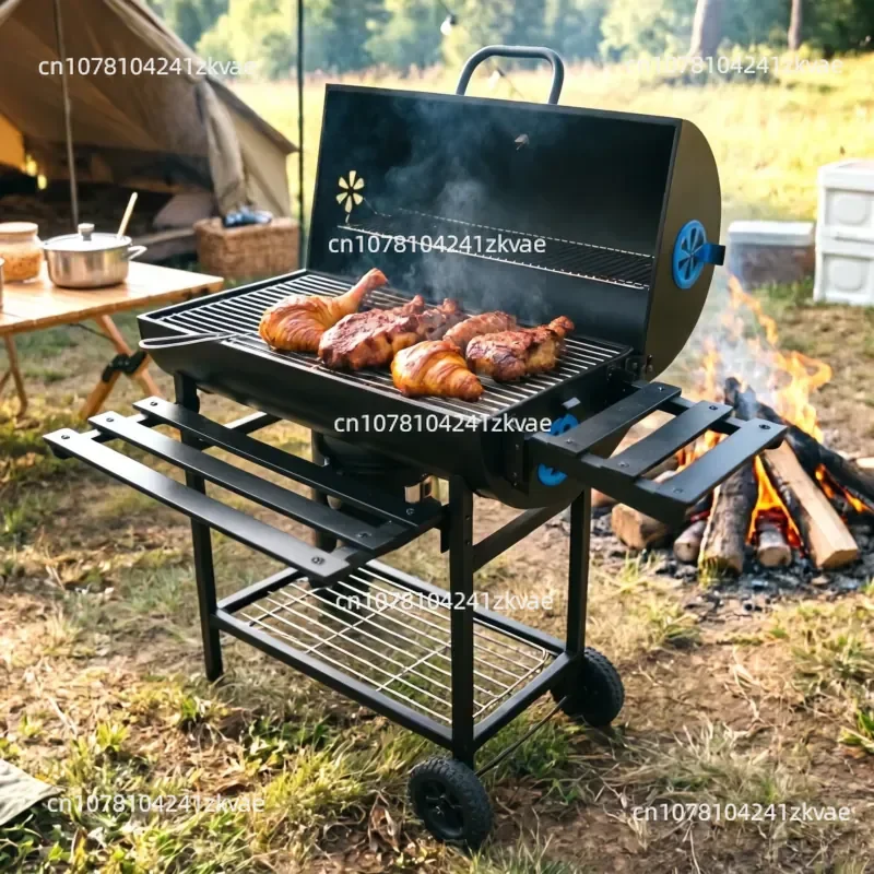 Heavy Duty Iron Outdoor Charcoal Barbecue Grill Backyard Garden Barrel Barrow Barbecue Grill with Folding