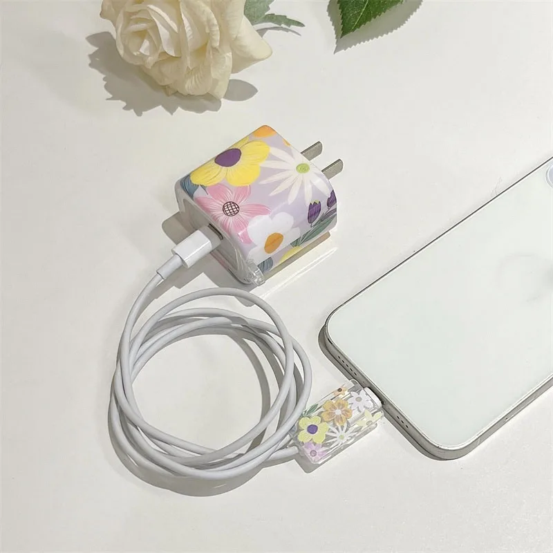 Korea Cute Shell Pattern Flower Charger Cover For IPhone 13 14 15 18W-20W Soft Charge Love Heart Protection Cover Charger Sleeve