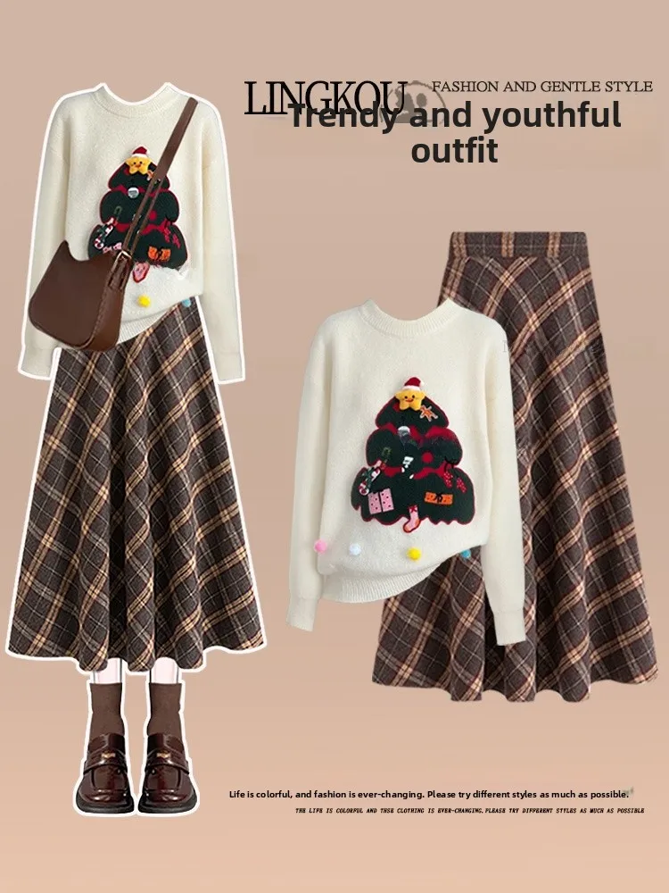 

Christmas Knitted Sweater And Plaid Skirt Set Women's Anti-Aging High Waist Slimming Autumn Winter Fashion Two-Piece Set