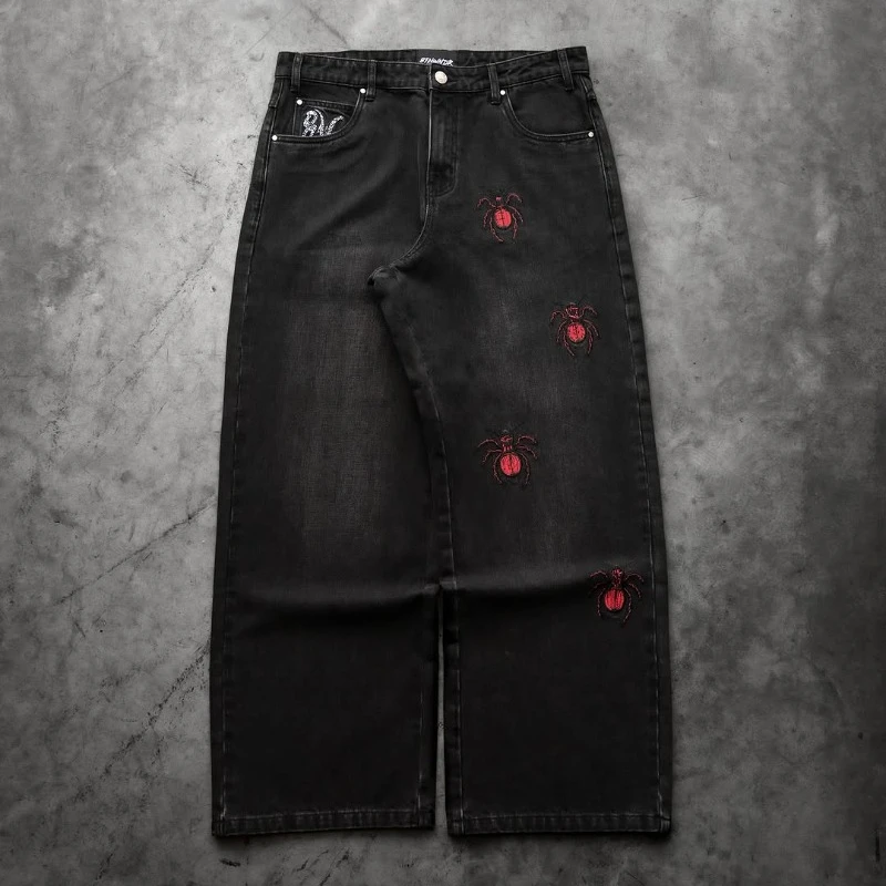 Y2K กางเกงยีนส์ผู้ชาย Vintage American Spider รูปแบบกางเกงขากว้าง streetwear hip hop Harajuku ผู้ชายผู้หญิง Street แฟชั่นกางเกงยีนส์ขากว้าง