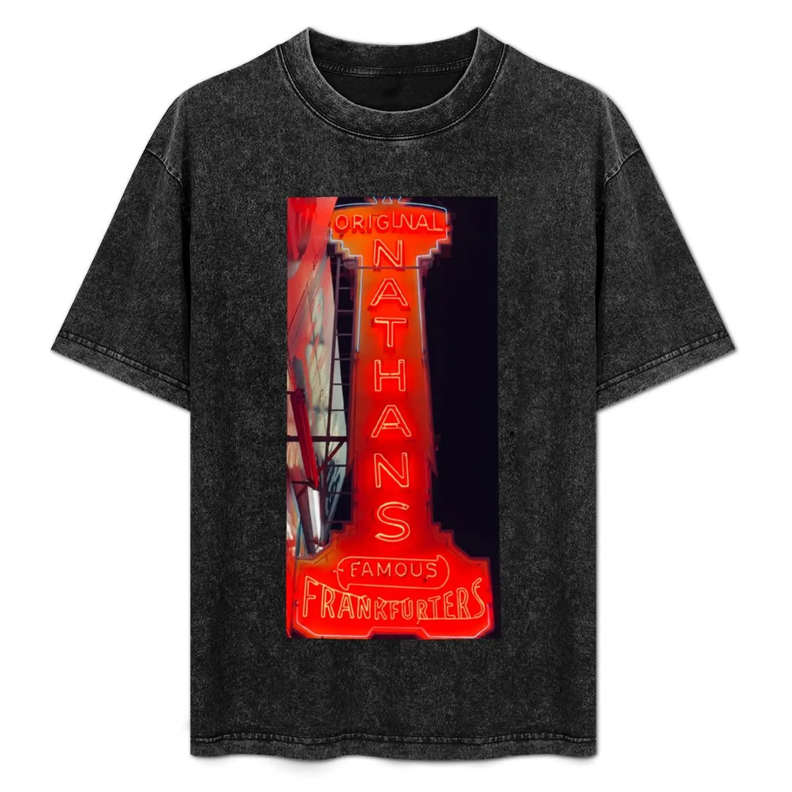 Letrero de neón original de Nathans Famous Hot Dogs. Coney Island. Camiseta Brooklyn, Nueva York, Camiseta básica informal de algodón de manga corta