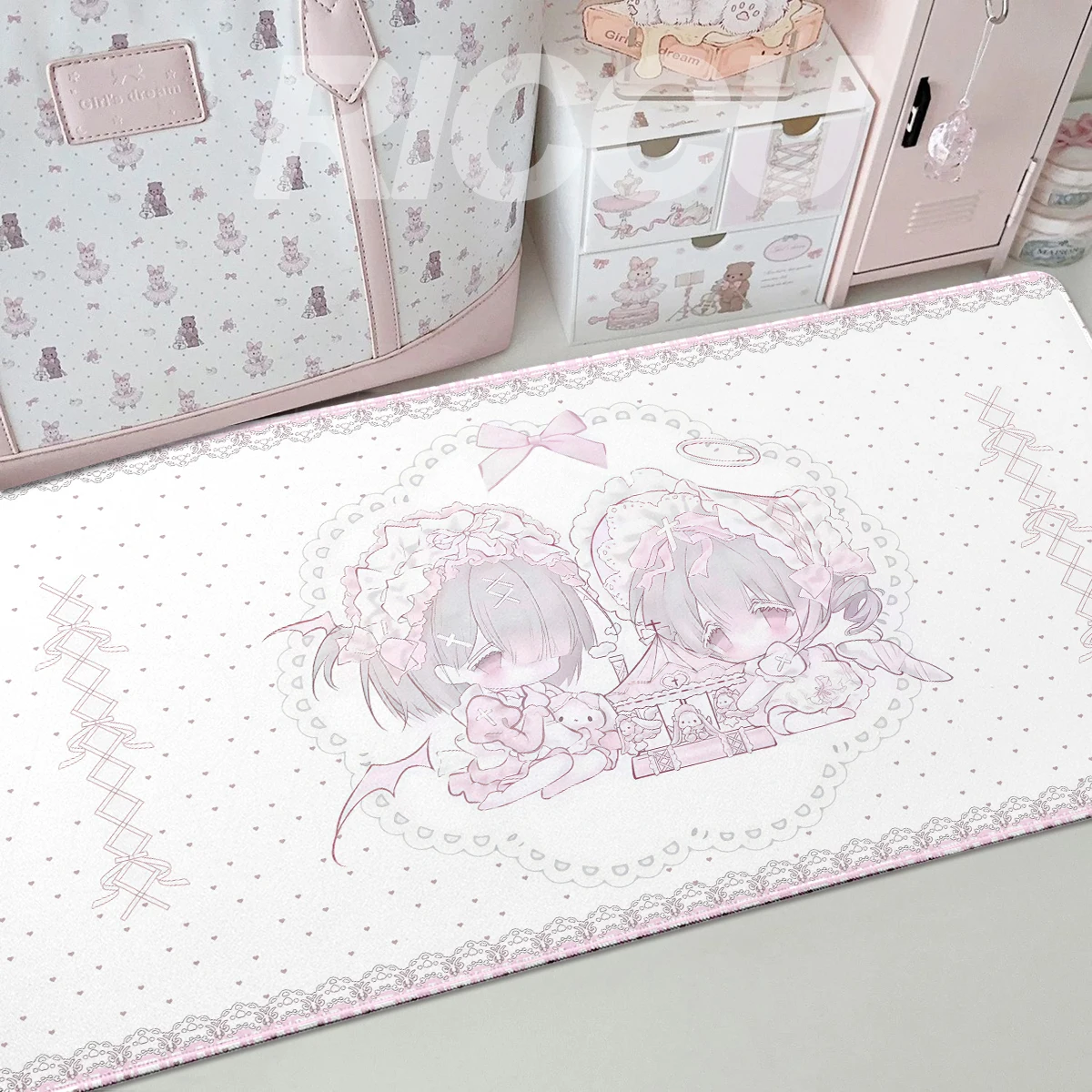 Cute Anime Girls Pink Mouse Pad Angel Girl Bow Kawaii PC Desk Mat HD Printing Gaming Keyboard Tablemat Table Decort Accessories