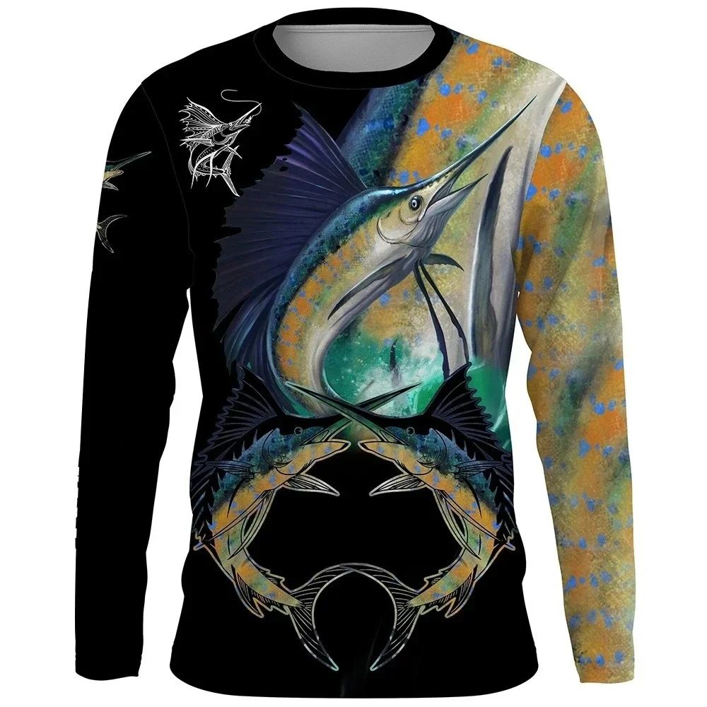 Men's Outdoor Fishing T-Shirt Long Sleeved Shirt Oversized 3D Fish Pattern Quick-Drying Long-Sleeve T-Shirt Fishing Casual Tops