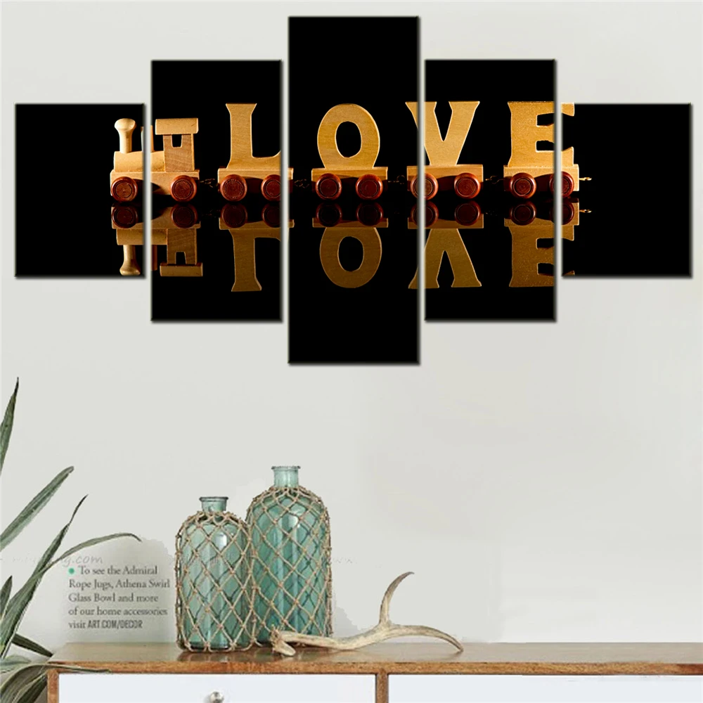 

5 Pieces Canvas Wall Arts Poster Painting BlackDark Love Text Wooden letters Wallpaper Home Decor Picture Printing Artwork