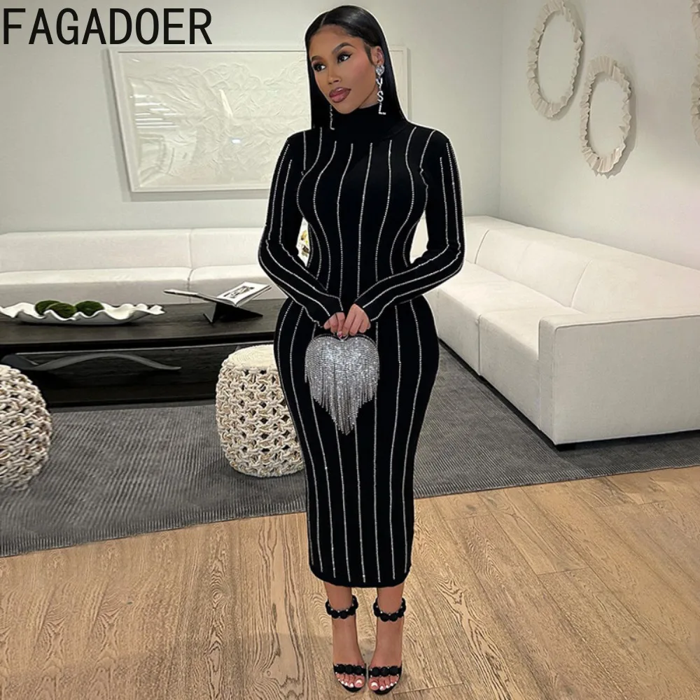 Fagadoer elegante strass vestidos femininos gola alta manga longa bodycon vestido senhora festa rua outono novas roupas