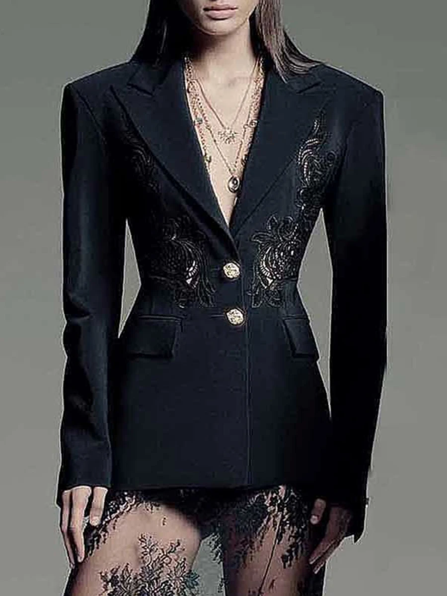 Luksusowa, minimalistyczna marynarka wyszczuplająca dla kobiet VGH, kołnierz z klapami, długi rękaw, patchworkowa, z koronkowym haftem, ażurowa kurtka damska, nowość.