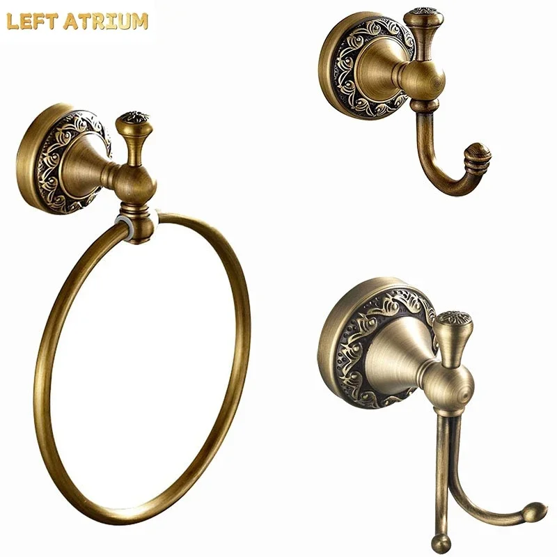 Bathroom Towel holder, Wall Mounted Round Antique Brass Towel Ring Antique Hooks Double Hooks Bathroom Accessories