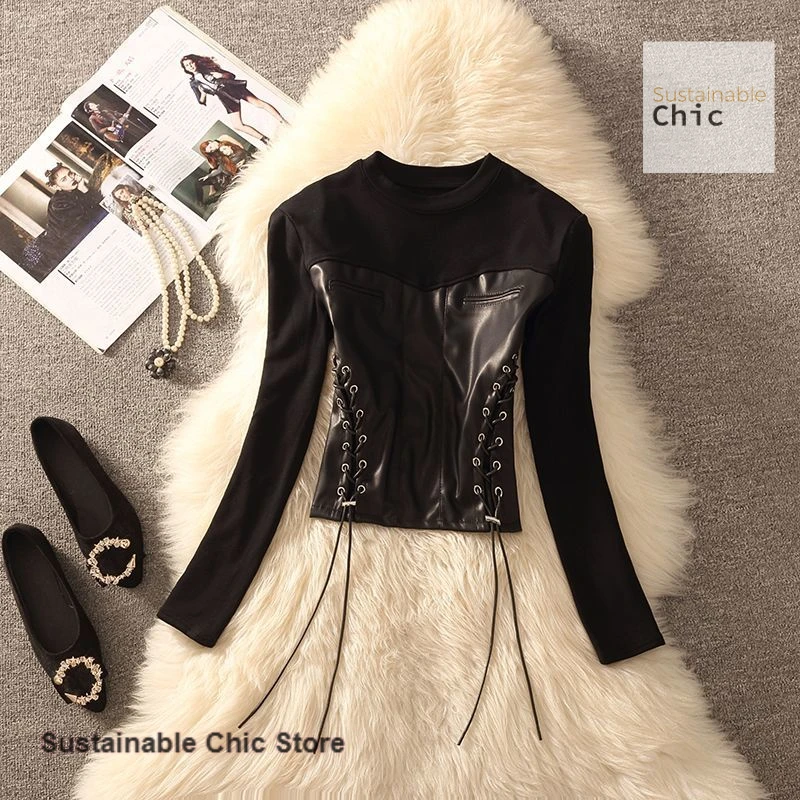 

American retro style stitching fake two-piece long-sleeved top women's spring and autumn sexy spice girls new bottoming shirt