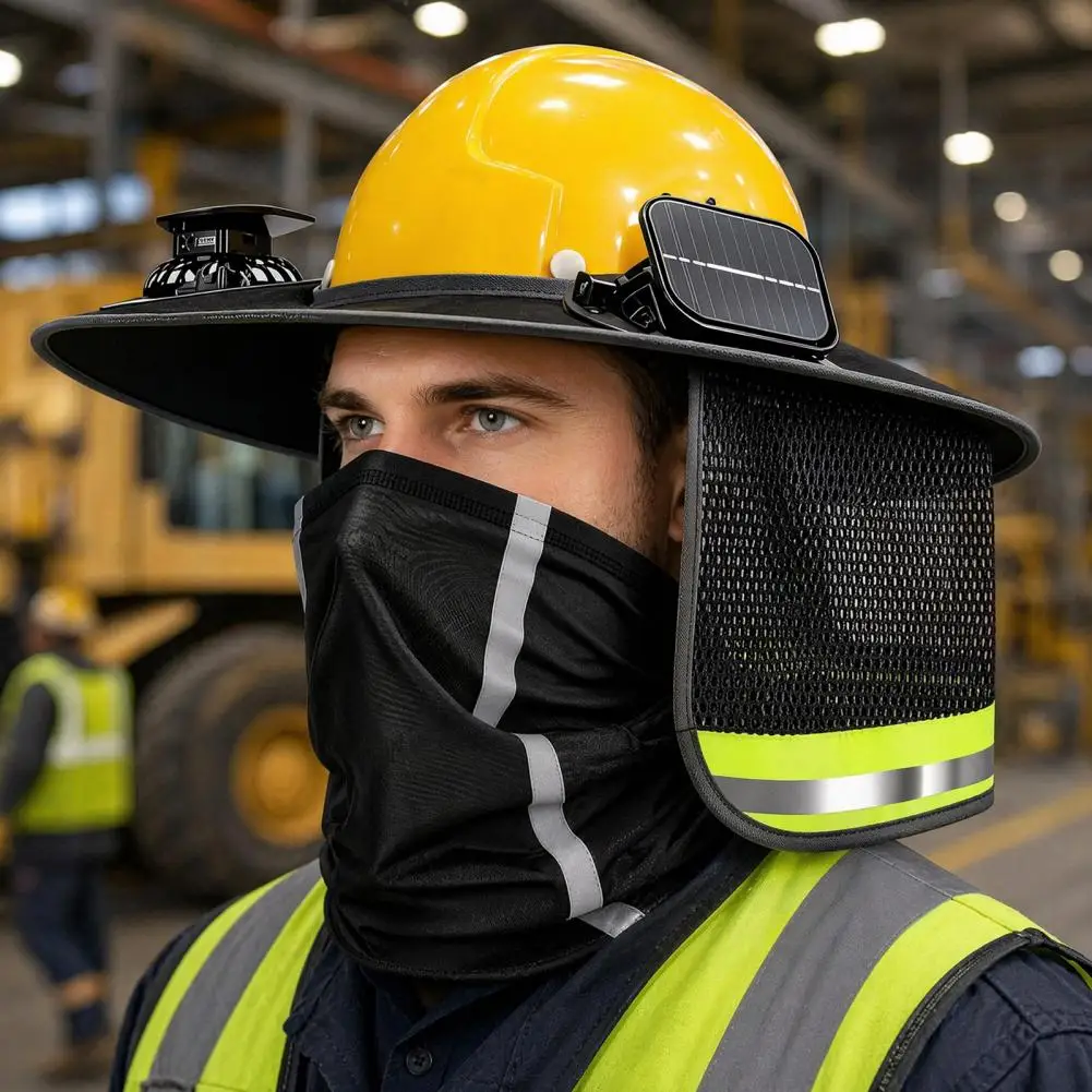 Anti-deformation Helmet Visor Hat Neck Shield with Solar Fan Full Brim Sun Protection Visor Ventilated Hard Hat for Construction