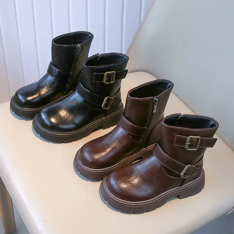 

Детские короткие сапоги, однотонные детские кожаные сапоги в корейском стиле с боковой молнией, зима 202, повседневные ботинки принцессы для девочек, мягкие