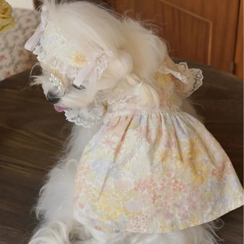 Summer Flower Pet Dog Clothes Floral Lace Suspender Short Princess Dress Puppy Skirt Teddy Bear Dog Home Clothing Dog Dresses