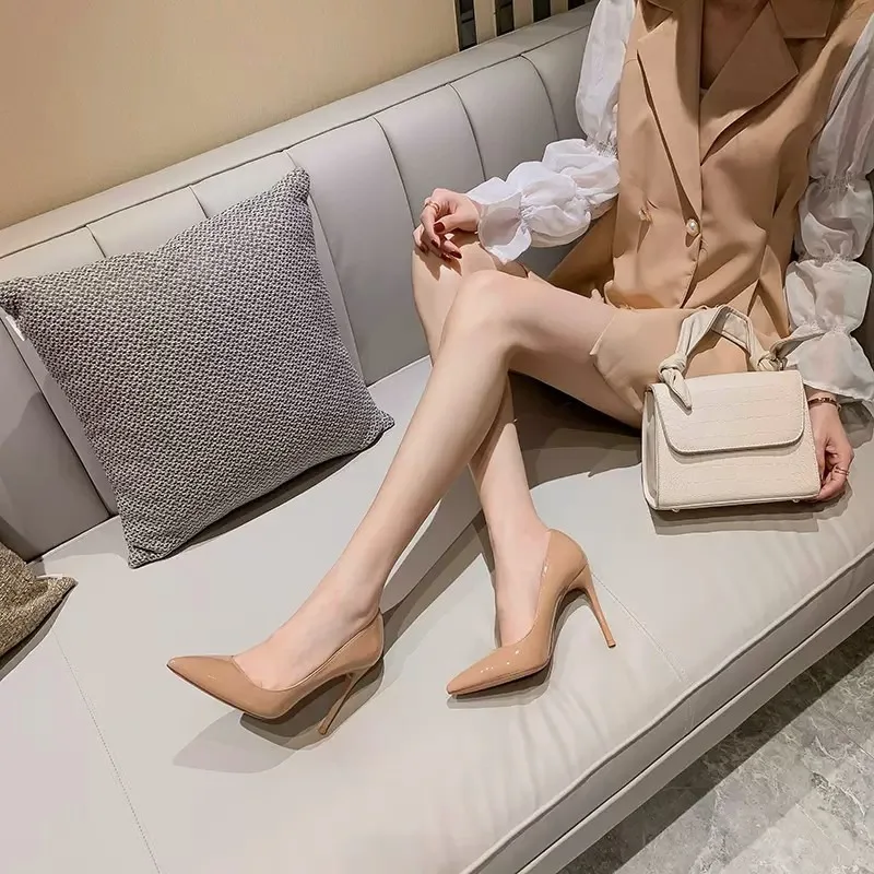 2024 Autumn New Nude Patent Leather High Heels Stilettos All-match Pointed Toe Professional Banquet Ladies\' Single Shoes