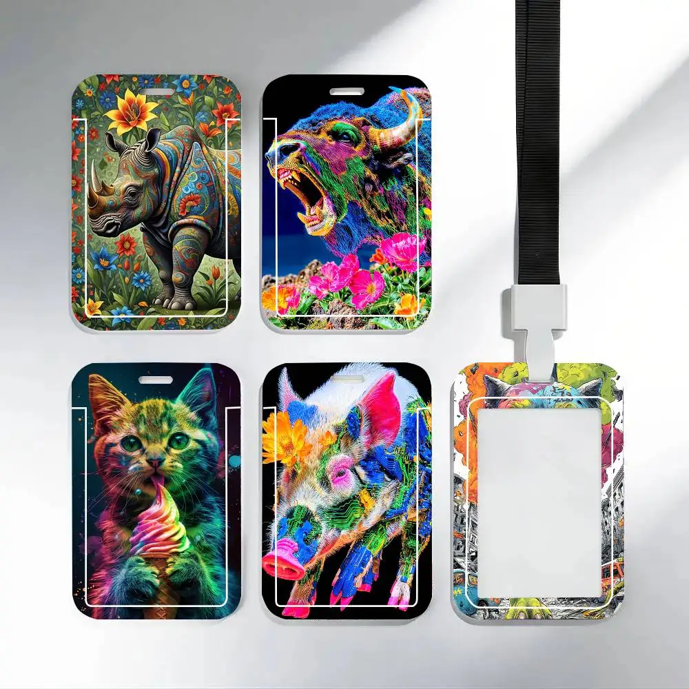 Abstract Animal Colors Black Lanyard Card Holders Student Meal Cards And Campus Ids School