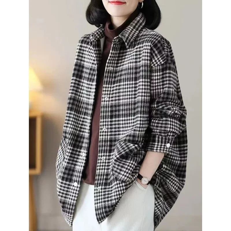 

Coat Women's 2024 New fleece-lined Autumn and Winter Jacket Artistic Plaid Casual Loose Mid-length