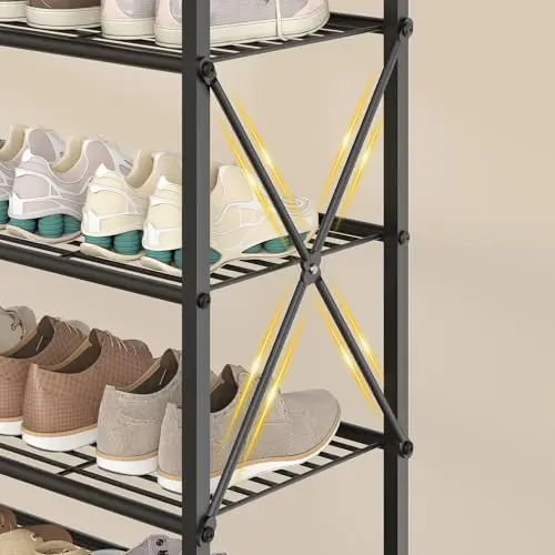 

Eight-Tier Metal Wire Shoe Storage Shelf With Wooden Top For Entryway, Hallway, Or Closet – Capacity 24–26 Pairs