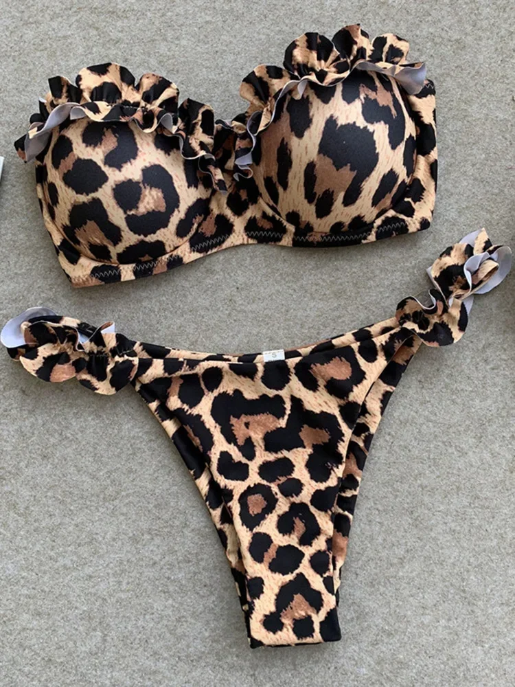 Sexy leopardo babados sutiã copo biquíni 2025 feminino bandeau maiô feminino banho de duas peças conjunto biquíni alta corte maiô nadar