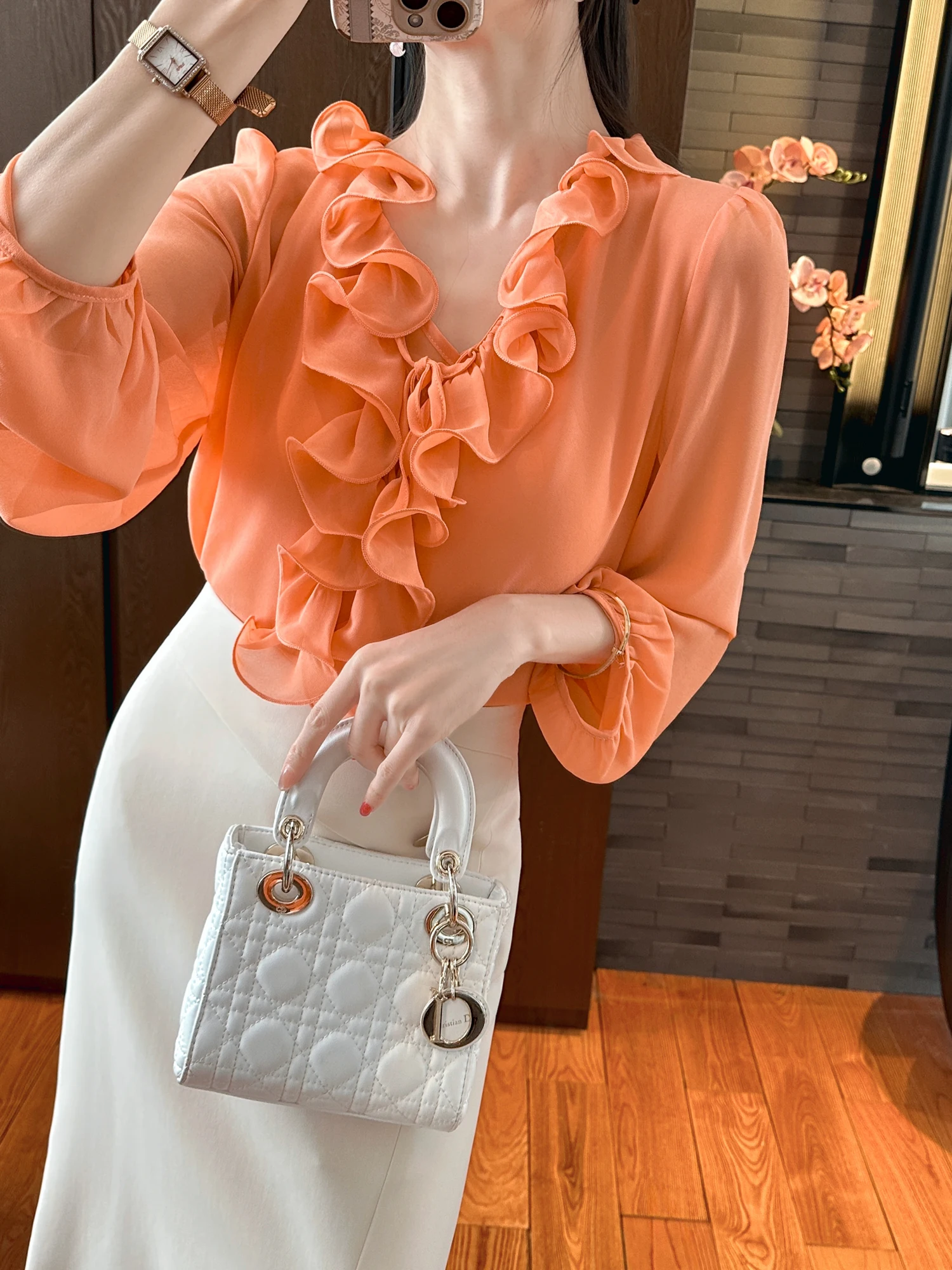

You See Office Lady Orange Pink Heavy Embellied irt Spring Commute Sle Loose Fit Breathable V-Ne Svel Top