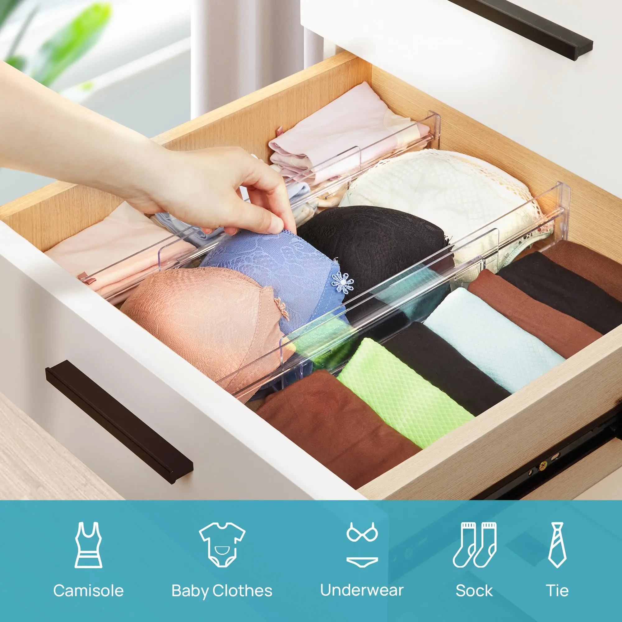 Drawer Dividers Organizers 8 Pack, Adjustable Kitchen Drawer Storage, Clear Plastic Drawers Separators for Clothing