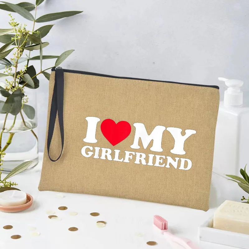 I Love My Girlfriend Boyfriend Print Linen Zipper Makeup Bag Storage Organizer Cosmetic Bag for Women Wallet Party Gift for Her