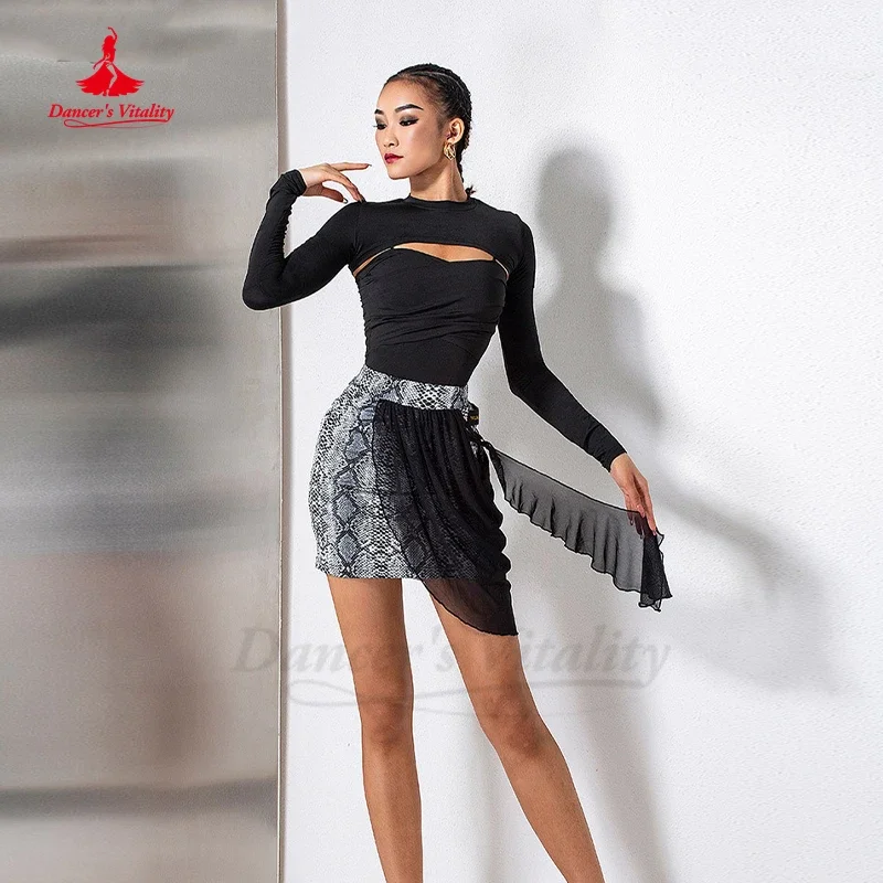 Saia de dança latina para mulheres, Rumba Chacha, New Skew Mesh Ruffle Edge, saia curta padrão nacional, roupa latina para meninas adultas