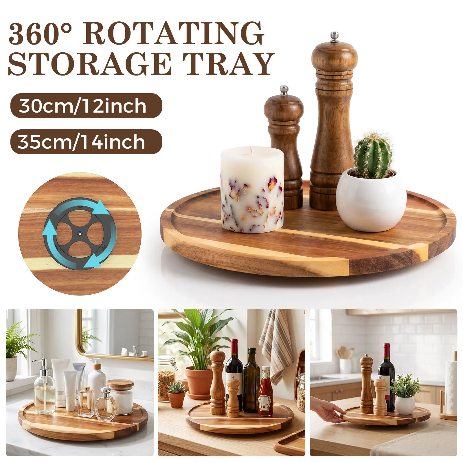 12/14 inch 360° Rotation Storage Tray Acacia Wood Round Turntable Tray Decorative Desktop Rolling Tray for Kitchen Bathroom
