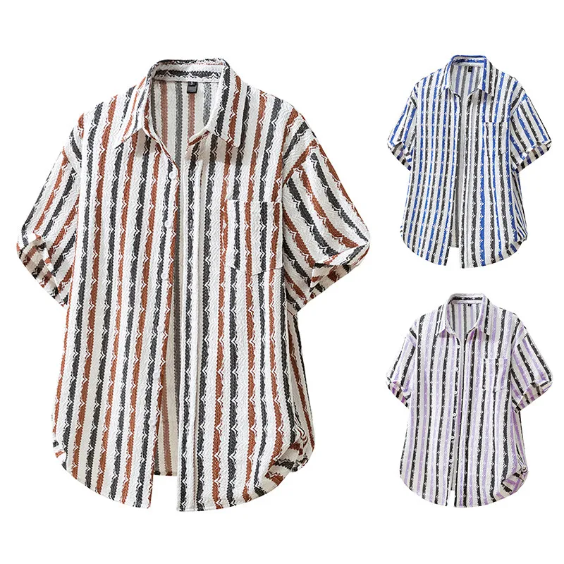 

Men's Knitted ort Sve irt Beach Stripe Pattern Summer Casual Stand Fit Polyester Blend Easy Care Youth Faion