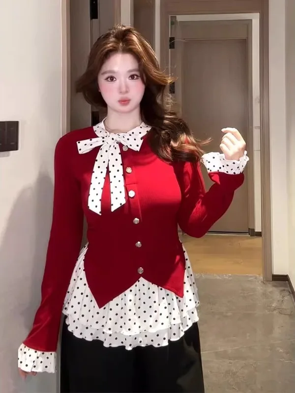 

Autumn Winter Korean Sle Big Size Knitted Top with Lace Design Pure Desire Wave Point Fake Two-Piece Trendy Women's T-irt