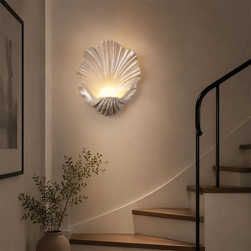 Wireless Rechargeable Seashell Wall Lamp With Remote No Wiring LED Resin Shell Wall Sconce Vintage Bedroom Bedside Decor Light