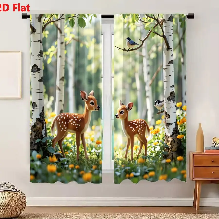 2Pcs Curtains 2D Flat In A Sun-Dappled Birch Forest Two Young Fawns Stand Facing Each Other With Blue Jays Perched On Branches W