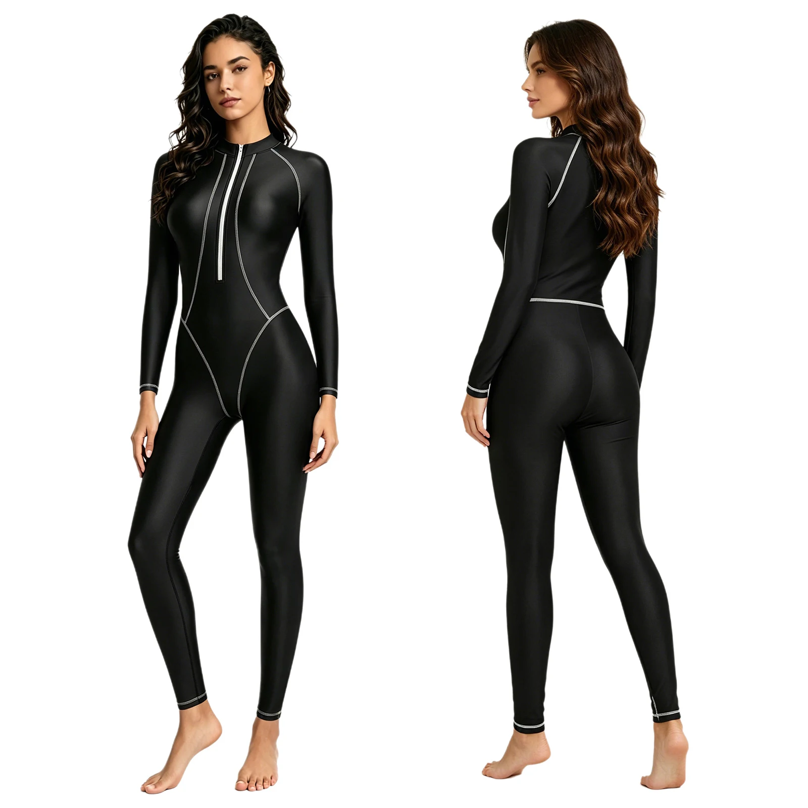 

Women Long Sleeve Zipper Oil-shiny One-piece Rash Guard Bathing Suit Wetsuit Surfing Diving Beach Pool Water Sports Swimsuit