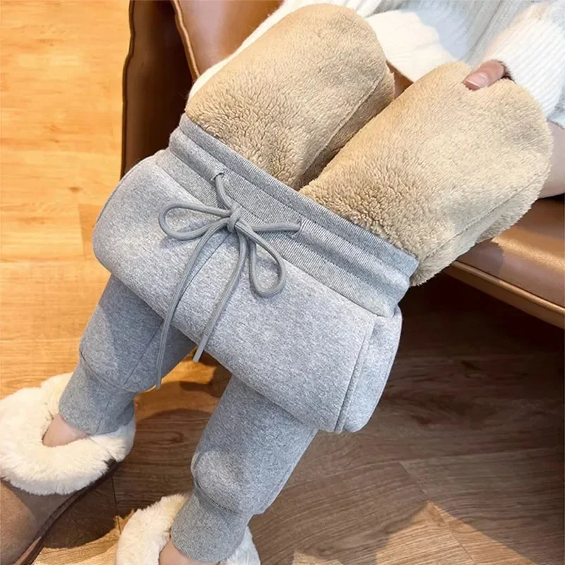 GIDYQ Winter Warm Lamb Wool Sweatpants Women Solid Drawstring Elastic High Wait Trousers Casual Thick Plus Velvet BF Harem Pants