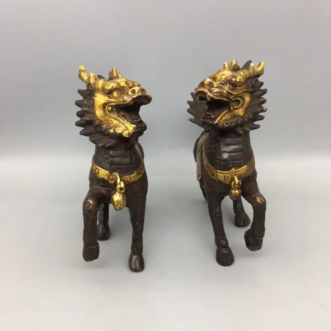 2 Pack Chinese Feng Shui Unicorn Decoration Statue Vintage Bronze God Beast Animal Sculpture Ornament Crafts