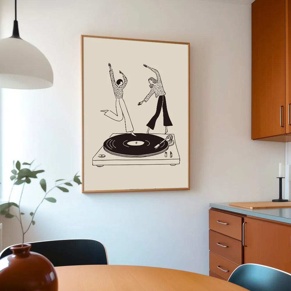 1pc Unframed Dancing Girls Retro Record Canvas Music Vinyl Inspired Bar Wall Art Minimalist Black Beige Aesthetic Decor Painting