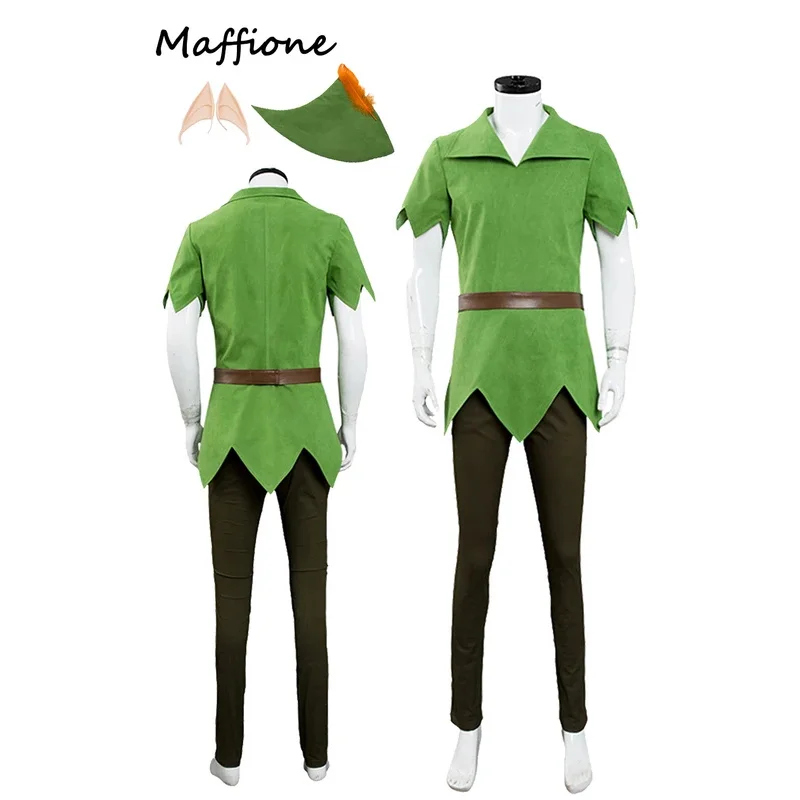 ❤ Disfraz de elfo verde para hombre, disfraz de fantasía de dibujos animados de Peter Pan, disfraz de adulto, trajes masculinos, juego de rol de Halloween, fantasía Coágulo ★ ❤ ★