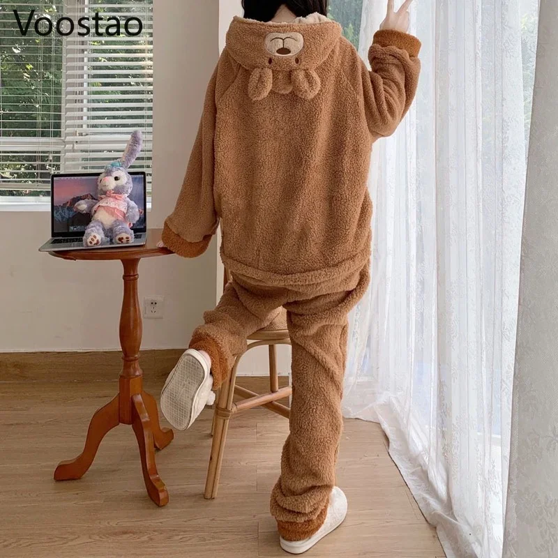 Autumn Winter Women Cute Bear Onesie Home Pajamas Warm Coral Fleece Kawaii Hooded Homewear Sleepwear Girls Sweet Lounge Pyjamas