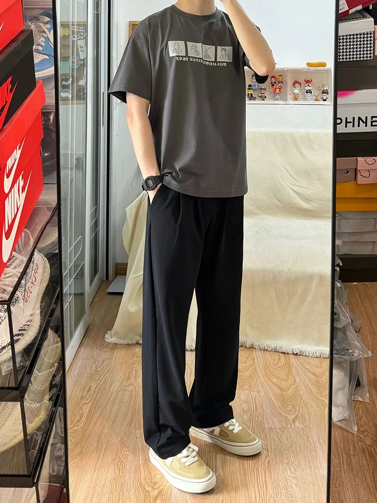 

Elastic Ice Silk Men's Straight Leg Casual Pants Summer Faion High Waist Long Trousers Bla Suit Pants Youth Active Sle