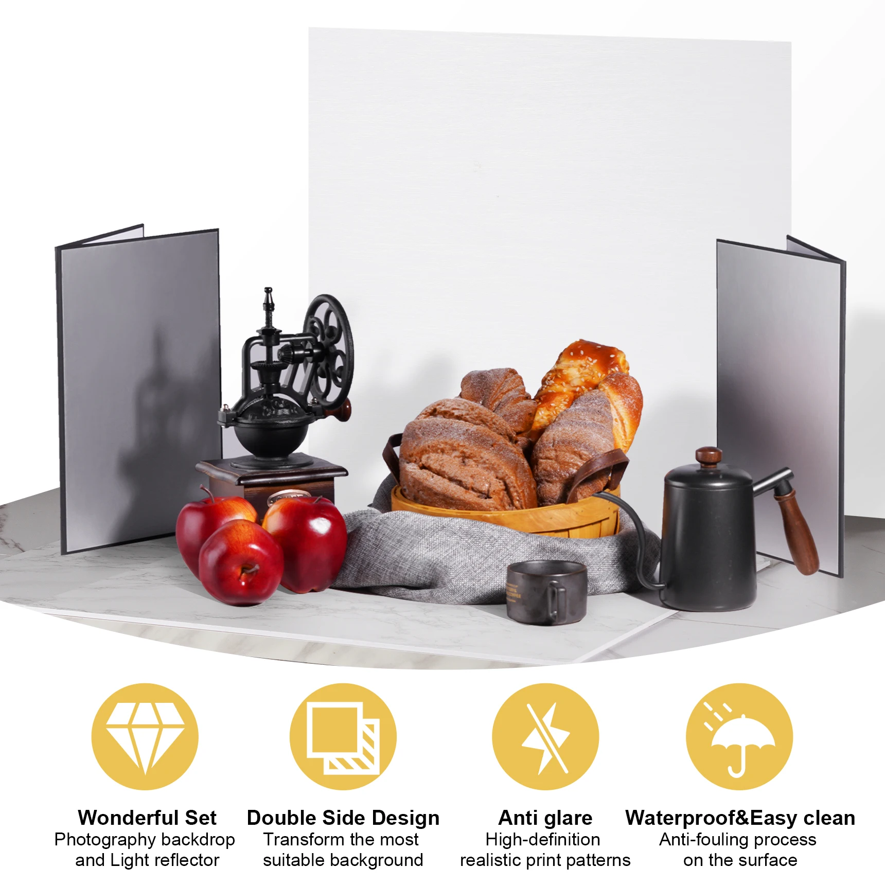 Selens 2-IN-1 42x30 سنتيمتر A3 عاكس قابل للطي من الورق المقوى * 2 + 60x60 سنتيمتر لوحة خلفية محكم على الوجهين * 2 للحياة الساكنة والمنتج والغذاء