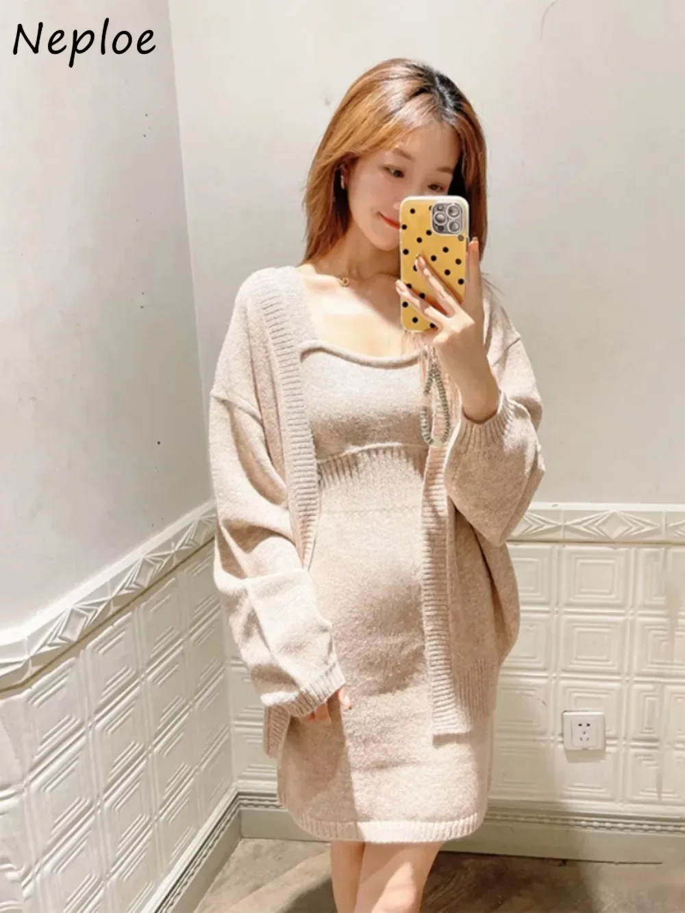 Neploe New Elegant Long Sleeve Set Cardigan Sling Strapless Patchwork Slim Fit Robe Japanese Knit Moda French Style Suit Dress