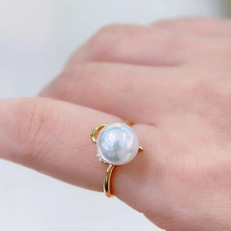 

SGARIT 100% Real Adjustable18K Gold Diamond Setting Pearl Ring for Women Natural Freshwater Edison Pearl Wedding Brick Ring SR11