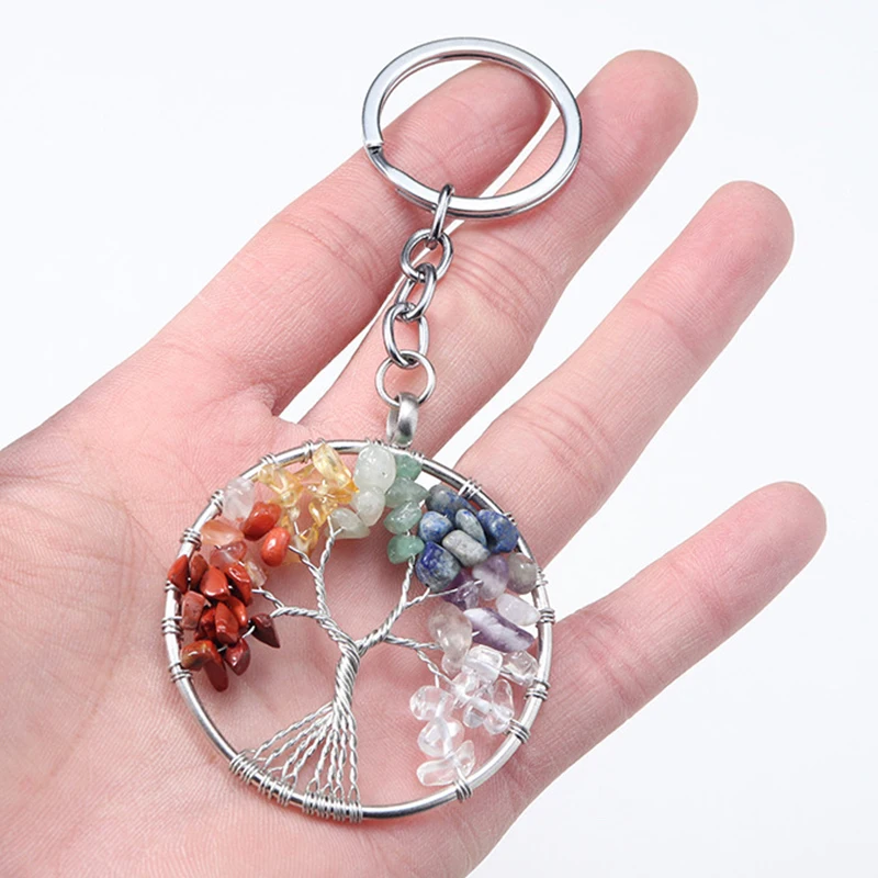 

Винтажный брелок из натурального камня 7, чакра, высокое качество, Древо жизни, серебряные брелоки ручной работы, женские и мужские автомобильные сумки, аксессуары